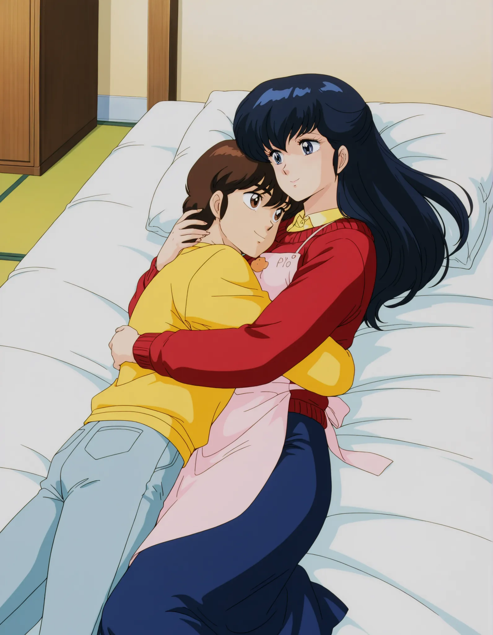 masterpiece, best quality, amazing quality, detailed background, perfect eyes, anime coloring, anime screenshot, 1980s \(style\), 1girl, , mature female, otonashi kyouko, black hair, long hair, , blue eyes, medium breasts, yellow shirt under red sweater, l...