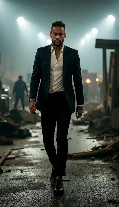 Neymar Jr. With black tuxedo mega-realistic Scenery: Action movie stage with broken spotlights people and cars. ⚔️ Epic Detail: A Fatality Autograph.
