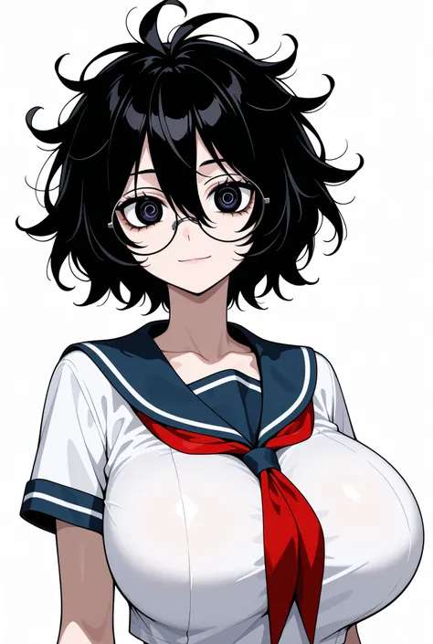 1girl, black hair, short hair, (messy hair:1.2), hair between eyes, skinny, (huge breasts:1.3), sailor uniform, dark circles in the eyes, round glasses, white background, light smile