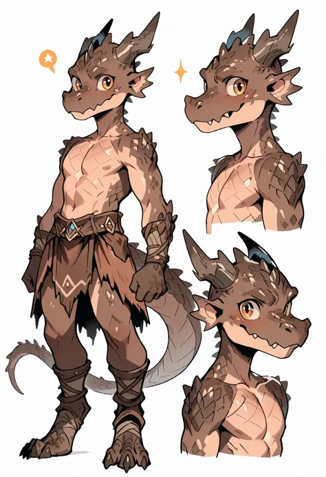 ( solo male, brown skin, brown scales, (((Kobold)), (detailed kobold)) wearing a adventure equipament , a barbarian clothes, no shirt, visible chest, character design, 