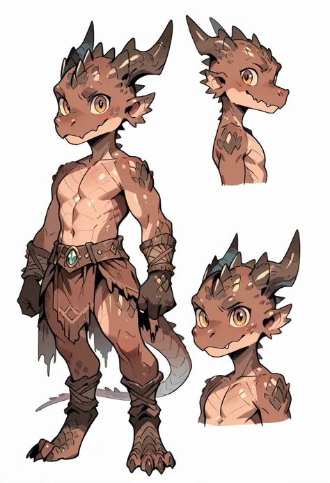 ( solo male, brown skin, brown scales, (((Kobold)), (detailed kobold)) wearing a adventure equipament , a barbarian clothes, no shirt, visible chest, character design, 