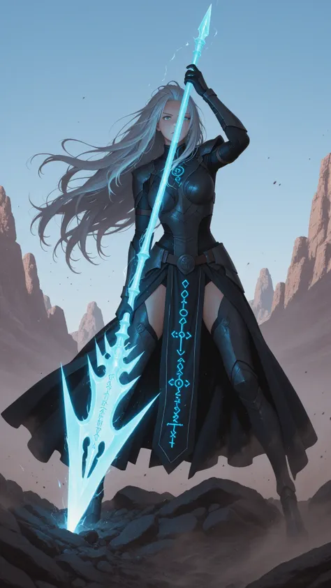 a strong anime woman standing confidently with a silver spear twice her height, runes glowing faintly along the shaft, Gungnir, pointed toward the horizon in a ready thrusting stance, her hair flowing in the dry wind, clear sky and barren battlefield background
