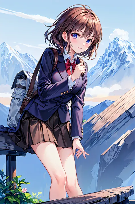 (best quality,masterpiece:1.3,ultra high resolution),(very detailed,caustics,8k),(realistic:1.4,RAW shooting),18 years old,Japanese,cute,I'm taking a picture looking up from knee height。I'm looking at the camera with a smile 。,blazer uniform,forward leanin...