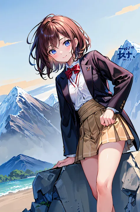 (best quality,masterpiece:1.3,ultra high resolution),(very detailed,caustics,8k),(realistic:1.4,RAW shooting),18 years old,Japanese,cute,I'm taking a picture looking up from knee height。I'm looking at the camera with a smile 。,blazer uniform,forward leanin...