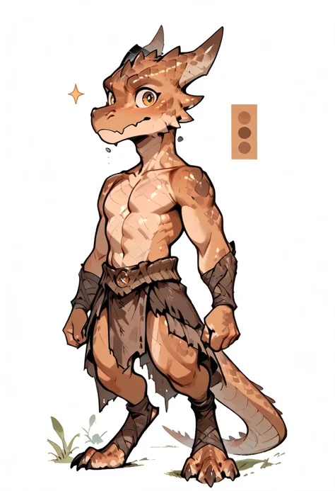 ( solo male, brown skin, brown scales, (((Kobold)), (detailed kobold)) wearing a adventure equipament , a barbarian clothes, no shirt, visible chest, character design, 