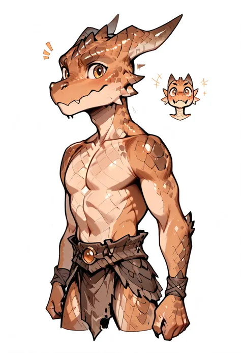 ( solo male, brown skin, brown scales, (((Kobold)), (detailed kobold)) wearing a adventure equipament , a barbarian clothes, no shirt, visible chest, character design, 