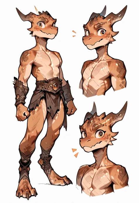( solo male, brown skin, brown scales, (((Kobold)), (detailed kobold)) wearing a adventure equipament , a barbarian clothes, no shirt, visible chest, character design, 