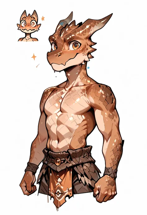 ( solo male, brown skin, brown scales, (((Kobold)), (detailed kobold)) wearing a adventure equipament , a barbarian clothes, no shirt, visible chest, character design, 