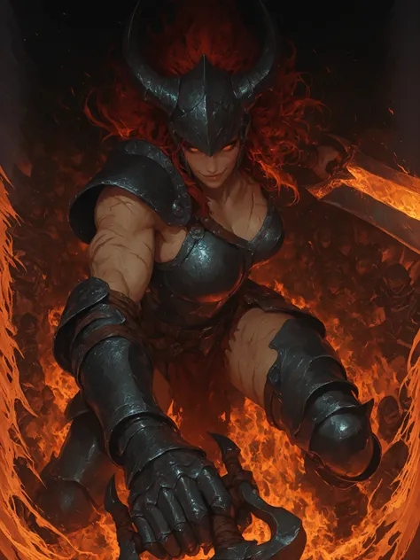 masterpiece, high score, great score, absurdres, close up, solo, solo, female, iron skin, fire, barbarian, close up, faceless, armor, giant sword, brutal, fighter, fire, dragon slayer, agile, large body, broad shoulders, brave, holy warrior, muscular, helm...