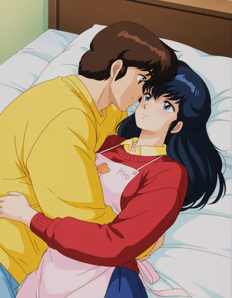 masterpiece, best quality, amazing quality, detailed background, perfect eyes, anime coloring, anime screenshot, 1980s \(style\), 1girl, , mature female, otonashi kyouko, black hair, long hair, , blue eyes, medium breasts, yellow shirt under red sweater, l...