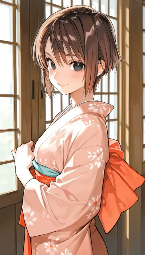 1woman,pose ,japanese style tearoom,（1woman,brown hair,short hair）,kimono,yutaka,japanese style cafe clark,black eyes,sunny smile,beautiful face,detailed clothes,masterpiece,high quality