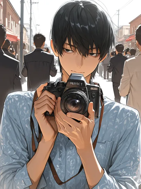 1man,pose ,in street（1man,very cute）,black eyes,photographer,camera,beautiful face,detailed clothes,masterpiece,high quality,(perfect detailed illustration ),masterpiece,8k,high quality,