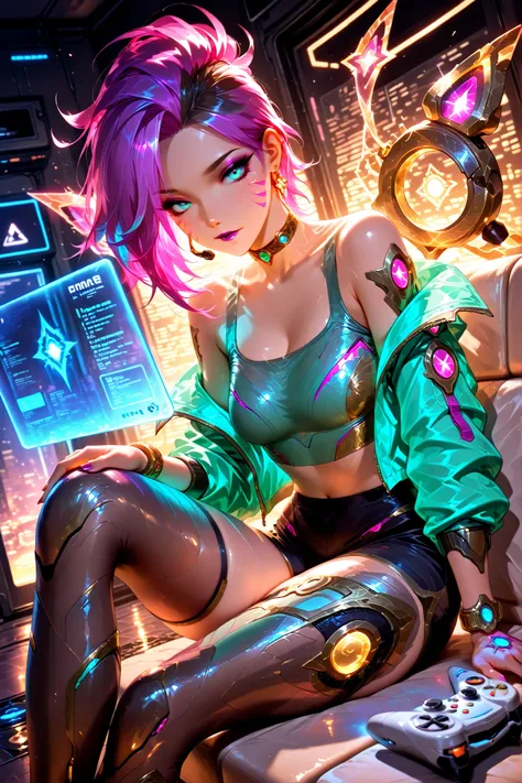 Masterpiece, ultra detailed, 4k resolution, cinematic lighting, dynamic angle, perfect anatomy, natural proportions, expressive faces, realistic shading, smooth ambient occlusion, Kaisa (from the game League of Legends) wearing her arcade skin with long mo...