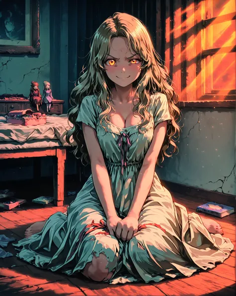 Masterpiece, ultra detailed, 4K resolution, cinematic lighting, moody atmosphere, expressive face, soft ambient occlusion, delicate textures. A porcelain doll sits alone in a dusty, dimly lit room with cracked wooden floors and peeling wallpaper. Her long,...