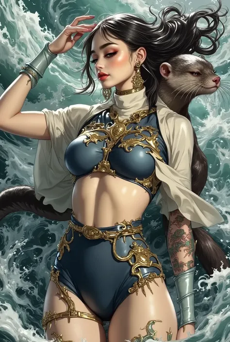 The Witch Who Magically Breaks the Ocean with a Courageous Expression、long nails、Smile and clench fists、Beautiful Oriental Girl in a Rococo Swimsuit with Crazy Hair Sticking Out Her Fists、There is a Asian small-clawed otter beside her 、Detailed and highest...