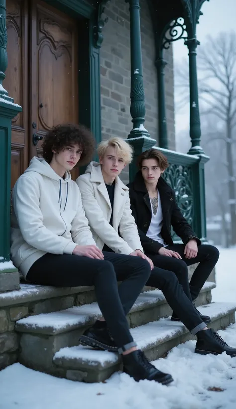 mystical horror book cover. on the cover - three young white guys sit on the steps of an old Russian mansion in winter in a snowstorm at dusk. the first guy with dark curly hair, the second guy is blond with brown eyes, third guy with brown hair and neck t...