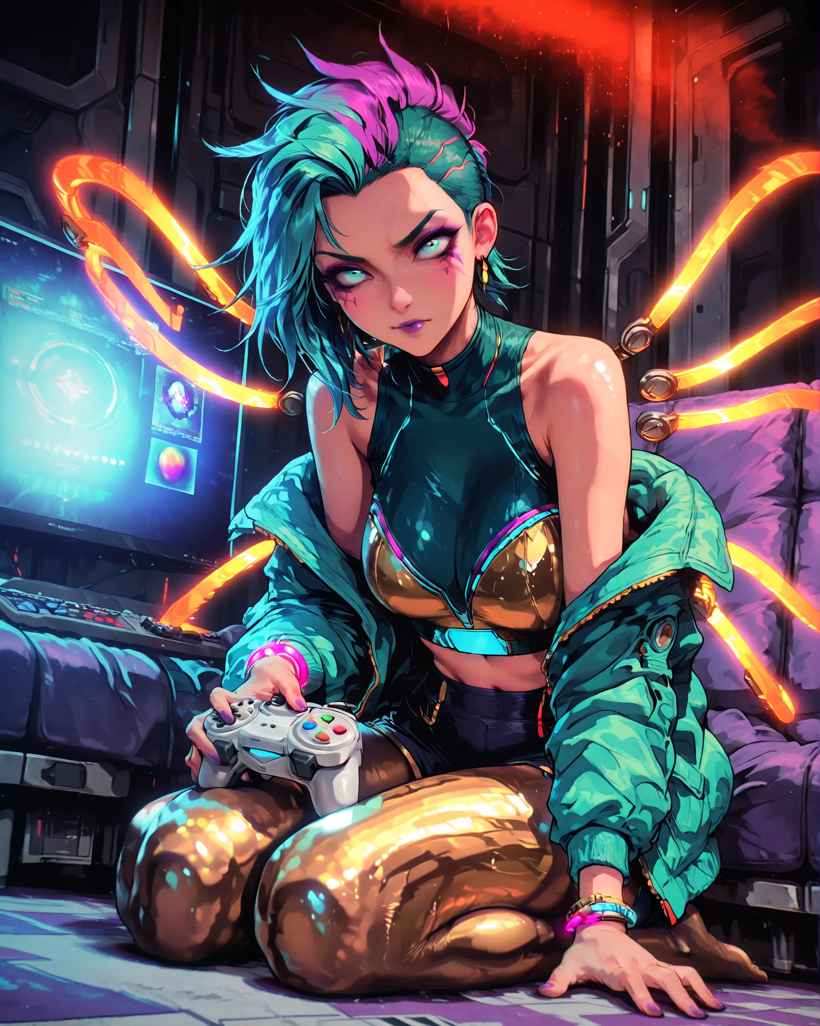 Masterpiece, ultra detailed, 4k resolution, cinematic lighting, dynamic angle, perfect anatomy, natural proportions, expressive faces, realistic shading, smooth ambient occlusion, Kaisa (from the game League of Legends) wearing her arcade skin with long mo...