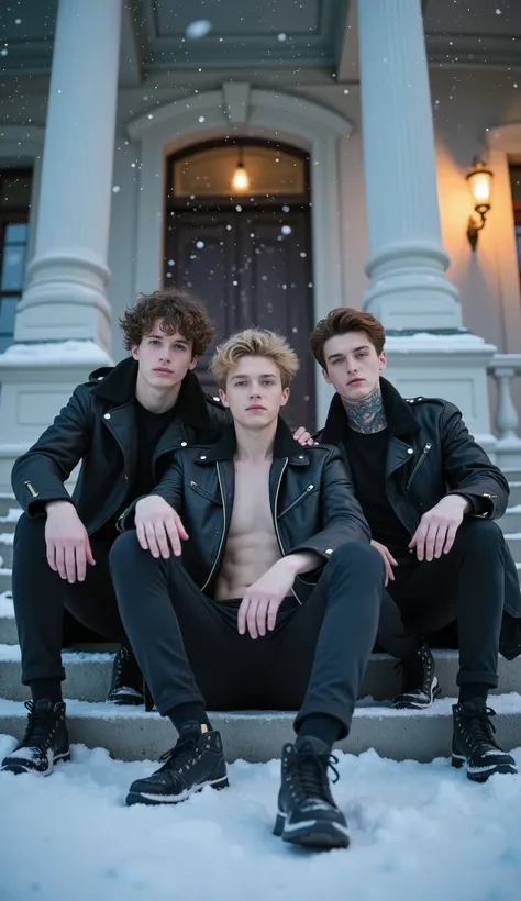 mystical horror book cover. on the cover - three young white guys sit on the steps of an old Russian mansion in winter in a snowstorm at dusk. the first guy with dark curly hair, the second guy is blond with brown eyes, third guy with brown hair and neck t...