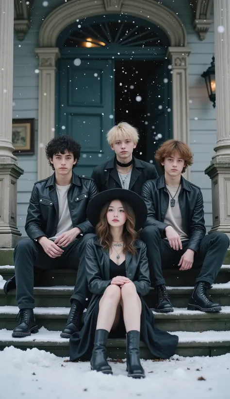 four young, very cute guys sit on the steps of an old mansion in winter in a snowstorm. the first guy with dark curly hair, the second guy is blond, the third guy with brown hair, fourth guy with a tattoo around their neck. they're all mysterious, mystical...
