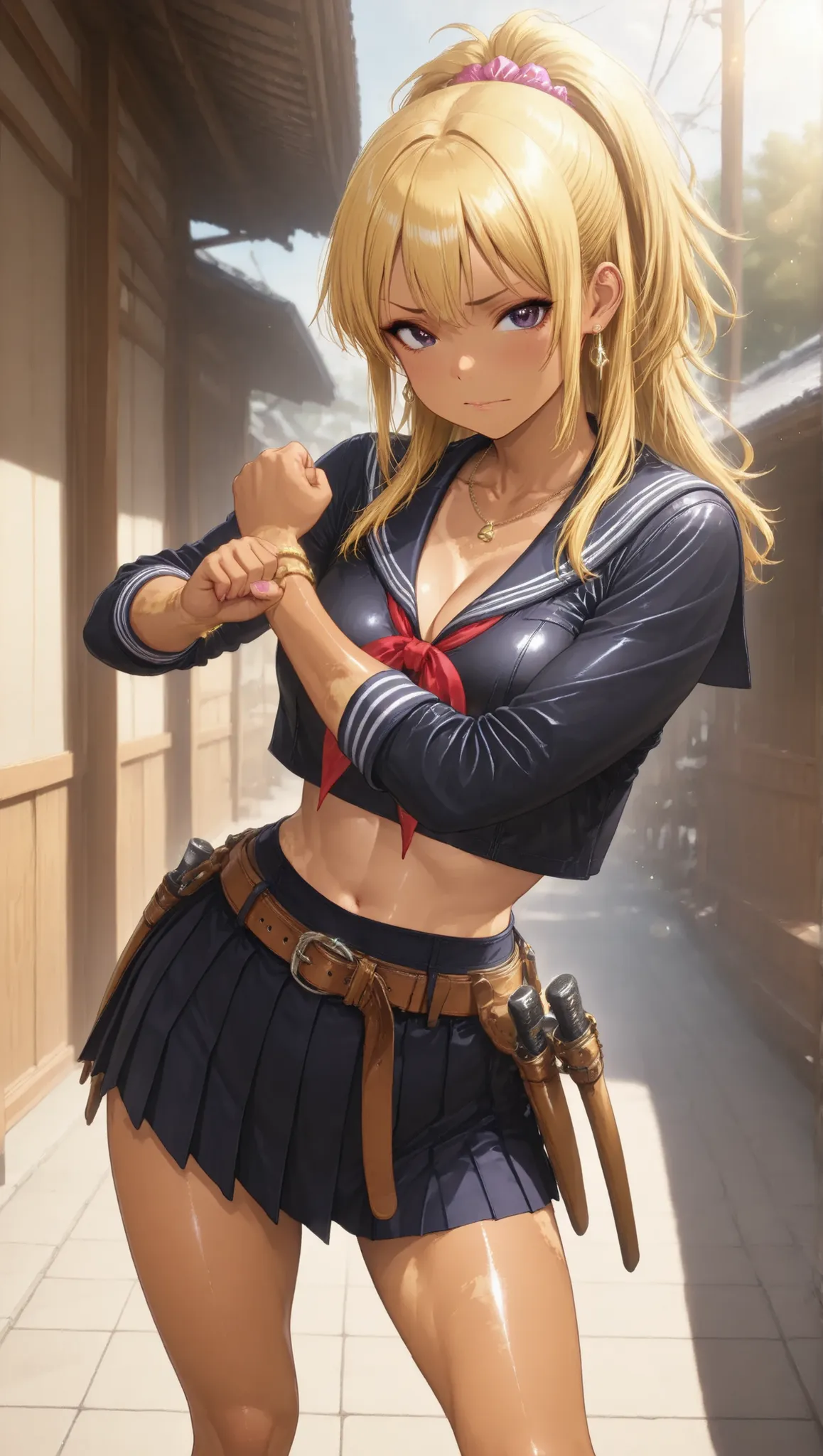 High Quality、4K、Realistic、is shy while、high detail、Ultimate Details、photorealistic、Studio Lighting、extreme details、vivid color、bokeh effect、beautiful martial artist、solo、Muay Thai Guru、kickboxing fighting pose showing off Muay Thai skills、action、wolf cut、y...