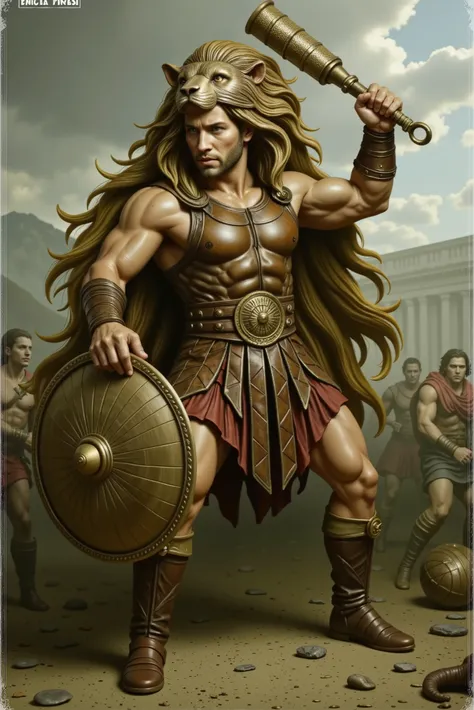Hercules in full-body battle pose, wearing a leather armor sculpted to his muscular form and a lion helmet roaring with heroic ferocity, standing ready with clenched fists and fearless eyes amidst a dramatic battlefield setting.