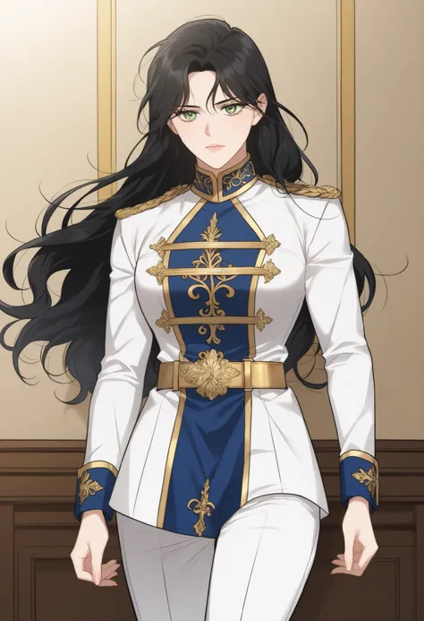 masterpiece, best quality, very detailed, , masterpiece, best quality, eyelashes, (Beautiful Eyes), cowboy shot,, Official webtoon Illustration, Official artwork,,1woman,long black hair,green shinny eyes,jacket with ornate gold decorations on the chest,cuf...
