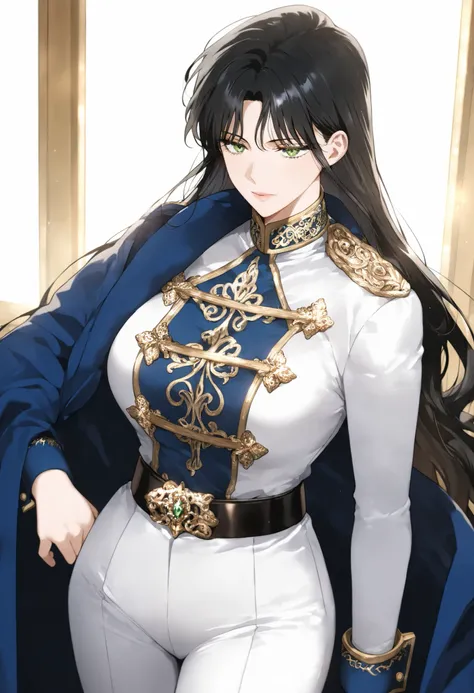 masterpiece, best quality, very detailed, , masterpiece, best quality, eyelashes, (Beautiful Eyes), cowboy shot,, Official webtoon Illustration, Official artwork,,1woman,long black hair,green shinny eyes,jacket with ornate gold decorations on the chest,cuf...