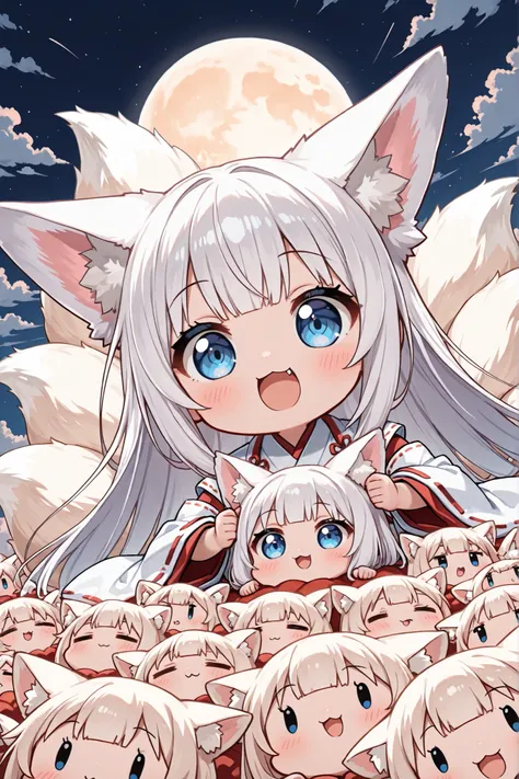 ((Masterpiece)),((best quality)),((incredibly absurdres)),((8K)),(anime style),chibi,
 1 (chibi girl),(anime chibi),solo,white hair,long hair,straight hair,blue eyes, face,cute,kawaii,(white fox tail),(white fox ears),white ear hair,pink inner ear,
open mo...