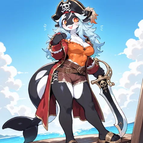 (side angle, close up) (solo:1.5, solo character:1.5) (adult:1.2, mature:0.9, female, girl, hot, thick tail, broad shoulders:1.1) (((black skin, white skin))) [big eyes:1.4], (round face:1.4, orange eyes, cute:1.1, long hair, medium breasts, orca, orca tai...
