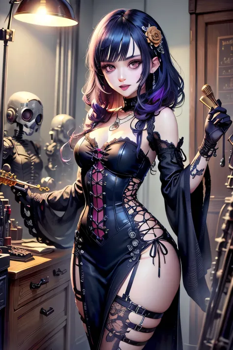 (Stand in front of a vintage dressing table, Facing,  oil burst , dark tone.), BREAK 
( Carefully Crafted , each has its own steampunk-inspired instrument,.  adorned with delicate bones and black roses Intricate , intricate cogs can be seen everywhere、has ...