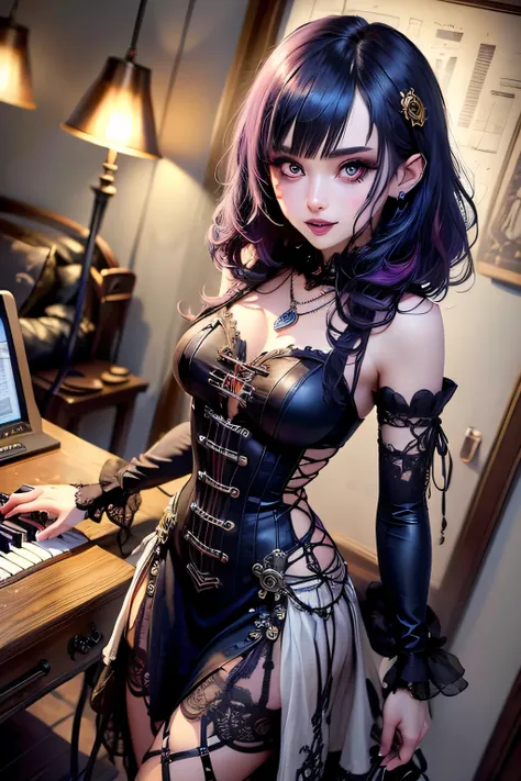 (Stand in front of a vintage dressing table, Facing,  oil burst , dark tone.), BREAK 
( Carefully Crafted , each has its own steampunk-inspired instrument,.  adorned with delicate bones and black roses Intricate , intricate cogs can be seen everywhere、has ...