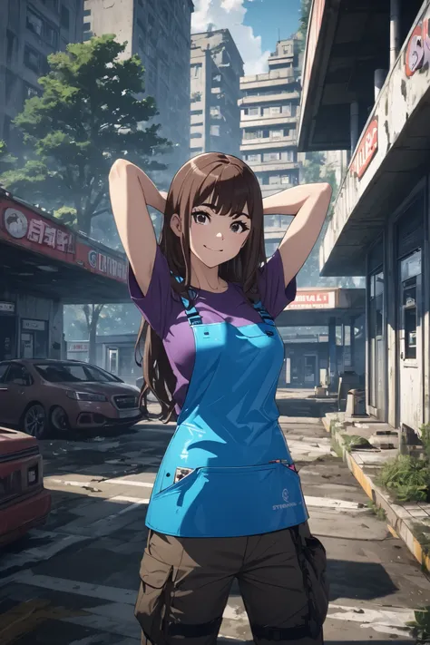 kiruko, long hair, bangs, brown hair, brown eyes, thick eyebrows, mature female, meduim breasts, anime screencap,arms behind head:1.6,ruanyi0763,outdoors,tree,building,ruins,gas station,shiny skin, glistening skin, , oiledILL, oiled, oily,impish smile,1cut...