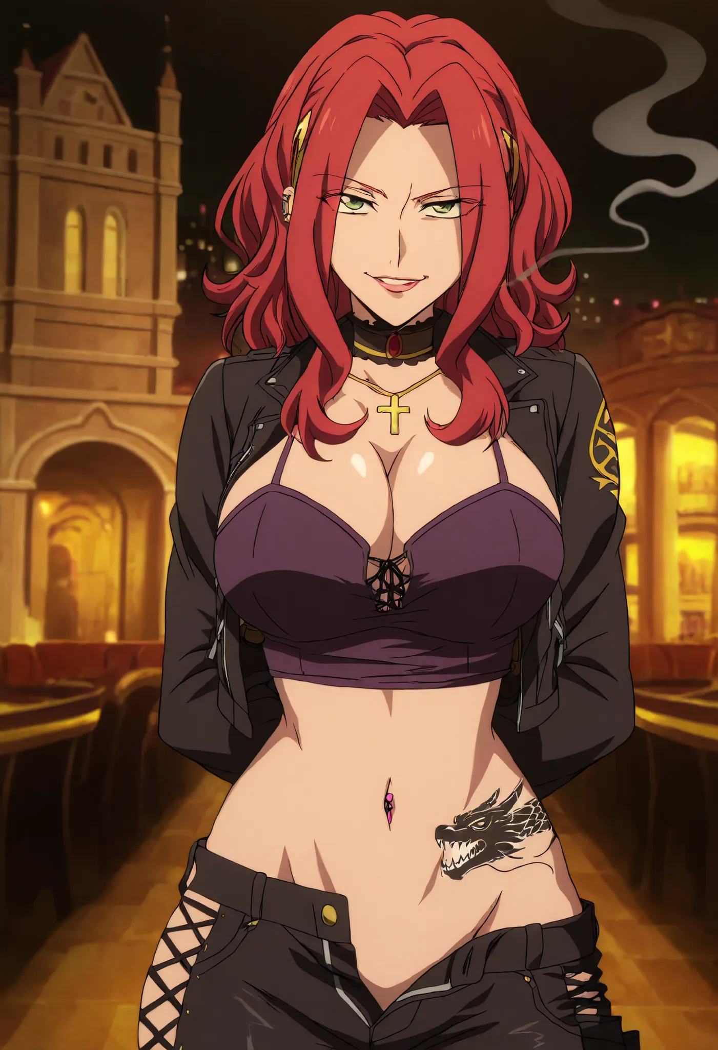 masterpiece, anime coloring, newest,   Malty S Melromarc,  solo, looking at viewer, castle,inside castle, , ear piercing, long hair,  lipstick,Hot girl, baddie, smoking, sensual, attractive ,cross
necklace, choker, bar background, inside bar, indoors, city...