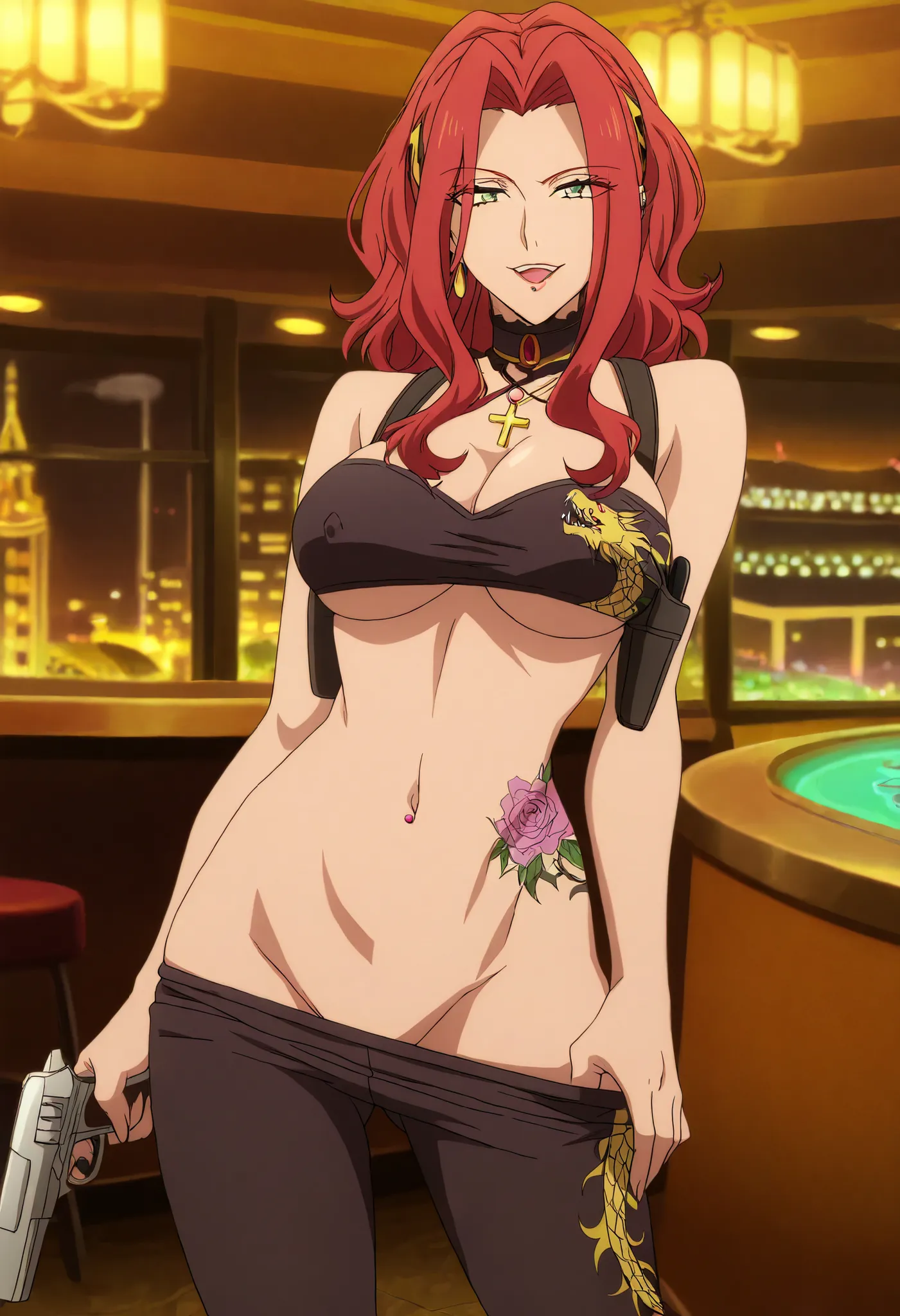 masterpiece, anime coloring, newest,   Malty S Melromarc,  solo, looking at viewer,  , ear piercing, long hair,  lipstick,Hot girl, baddie, smoking, sensual, attractive ,cross
necklace, choker, pull_down leggings,(show
off panties,:1.2, no panties),seducti...