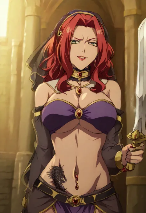 masterpiece, anime coloring, newest,   Malty S Melromarc, , solo, looking at viewer, castle,inside castle, , ear piercing, long hair,  lipstick,Hot girl, baddie, smoking, sensual, attractive ,cross
necklace, choker, neck ring,  elbow gloves, midriff, earri...
