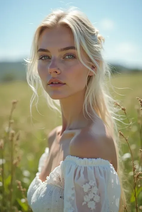 high-definition photography，美丽的白种女性，white skinned，blonde，Blue eyes，white dress，black dress，cavalos，与cavalos站在一起，Portrait Photogram，Beautiful white woman with detailed facial，gracefulpose，blue-sky，green meadows，steppe landscape，Lush Flowers，natural light，Pr...