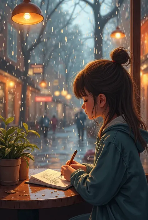 A girl sitting in front of a cafe window on a rainy day, Sketch on a notebook. Raindrops walk down the glass. Comfortable digital realism, a warm color palette, soft bokeh, High Resolution Storytelling Composition.