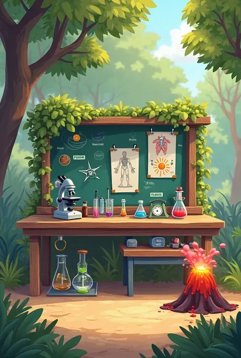A realistic 2D cartoon-style science lab setup designed for middle school education, set in a natural forest-edge environment. A sturdy outdoor science station made of wood and metal holds real scientific tools: a microscope, a Bunsen burner, glass beakers...