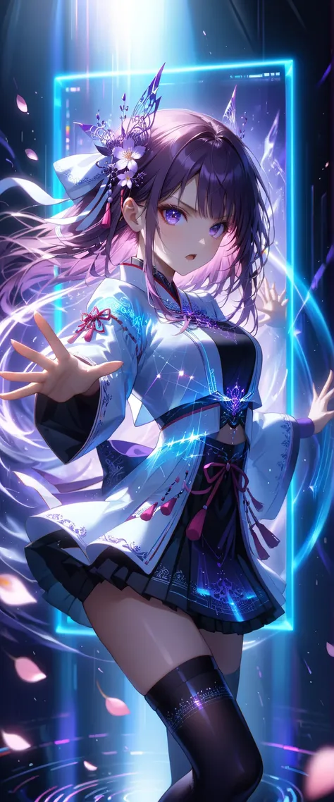 1girl,((masterpiece:1.3)),((detail face)),Cyberpunk Art,((Girl in shrine maiden outfit,miniskirt,cyberrunes,thigh high socks)),((shining purple eyes)),angry amidst enemies,open your mouth,Electric shock,I have a spell on my hand,dynamic pose, Battle Mode ,...