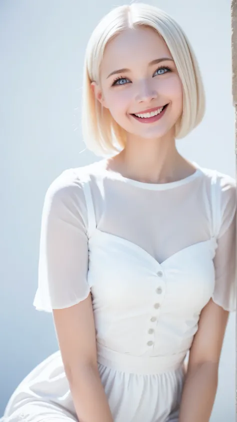 (((white background:1.3)))、((( 1 Albino Girl 、cute face、cute girl))), ,((( white eyes :1.3)))、white dress、((white shirt:1.3、white block dress)), tyndall effect , realistic, Shadow Studio,Ultramarine、Can you draw a lovely singing woman with a smile, デュアル...