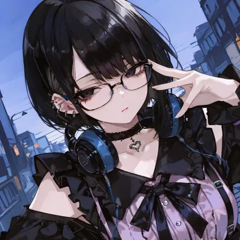 1girl, one girl with short black hair, (jirai_kei, black clothes), dark eyes, glasses, black choker, headphones, ear piercings, dynamic pose, dynamic angle, (masterpiece, beautiful, blue street sky background)
