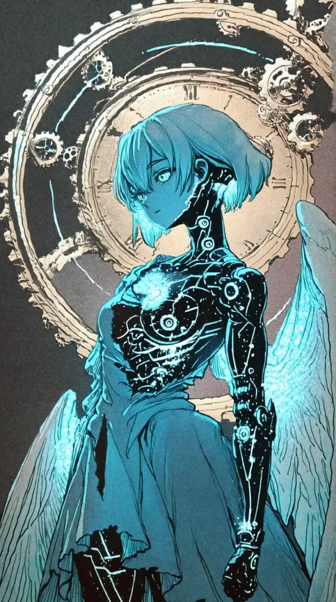 cyborg dragon holding broken female android, delicate mechanical parts, glowing exposed circuitry, Victorian torn dress, sorrowful dragon eyes, rusted steampunk armor, wings with gears, peaceful lifeless face, scattered clockwork debris, watercolor and lin...