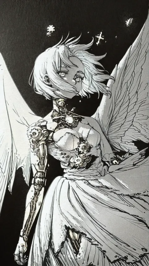 cyborg dragon holding broken female android, delicate mechanical parts, glowing exposed circuitry, Victorian torn dress, sorrowful dragon eyes, rusted steampunk armor, wings with gears, peaceful lifeless face, scattered clockwork debris, watercolor and lin...