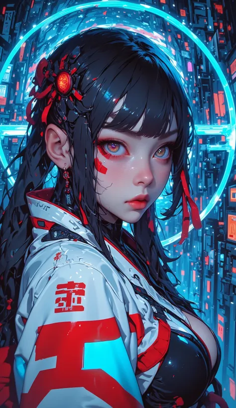 super cute cyber miko girl, close-up portrait, anime style with ultra fine oil painting texture, wearing a white and red sci-fi kimono with glowing circuit designs, modern miko fashion, soft facial expression, large sparkling eyes, long twin tails with glo...
