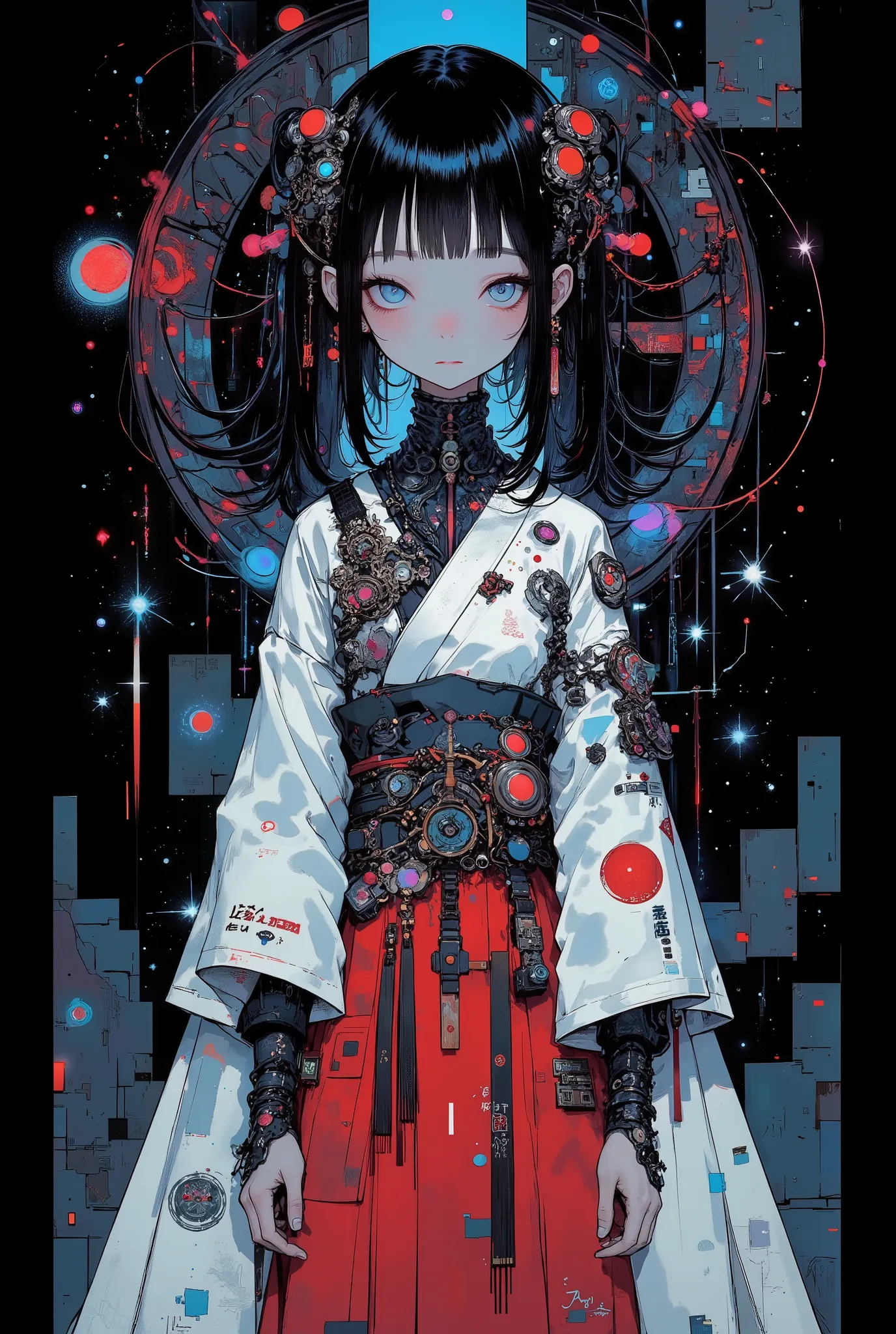 anime style illustration, super cute cyber miko girl, wearing a sci-fi tech-wear kimono with glowing circuit patterns, white and red color scheme, futuristic miko sleeves and accessories, long twin tails with neon strands, traditional hair ornament with a ...