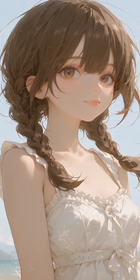 best quality, masterpiece, ultra detailed, atnr, SagawaStyle, 748cmstyle, 1girl, small breast, sweet, overly detailed pupils, brown eyes, upper body, brown hair, braids, wind, sundress, light smile
