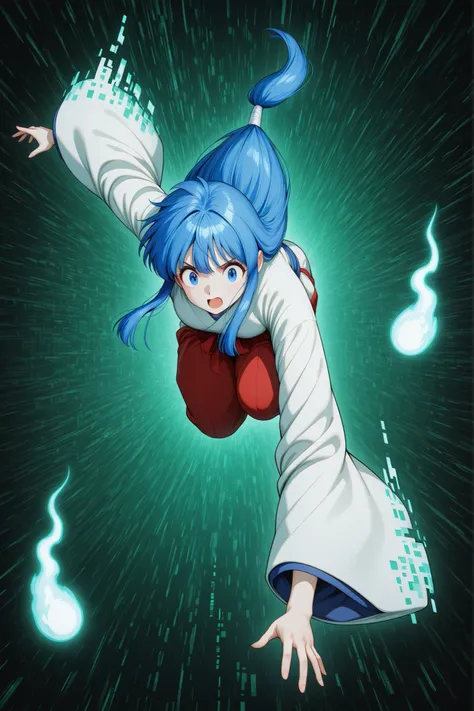 okinu-chan, blue hair, sidelocks, long hair, low-tied long hair, hitodama, japanese clothes, wide sleeves, red hakama, mile, open mouth,  masterpiece, best quality, sensitive, 1girl, solo, facing the camera,detail face and eyes, detailed face,detailed eyes...