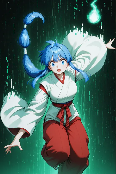 okinu-chan, blue hair, sidelocks, long hair, low-tied long hair, hitodama, japanese clothes, wide sleeves, red hakama, mile, open mouth,  masterpiece, best quality, sensitive, 1girl, solo, facing the camera,detail face and eyes, detailed face,detailed eyes...
