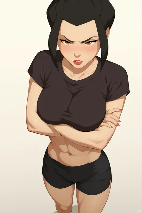Azula from the avatar would be ,  beautiful and sexy body , wearing erotic black pajamas, black fitted top corp , tight black shorts, Letting see the navel ,showy bust , Sexy and erotic girl, pose sexy, standing , white background, focus from above, big br...