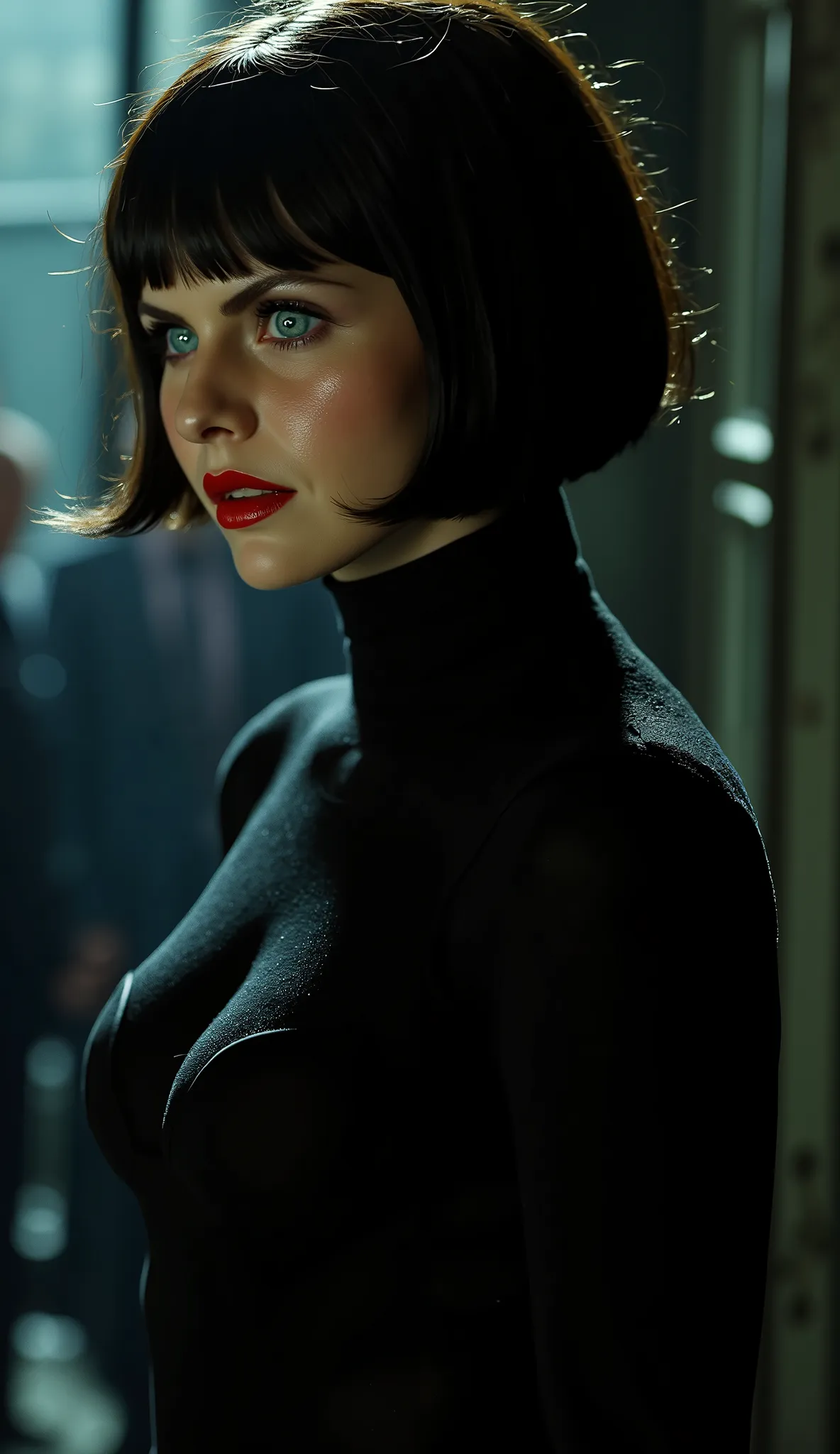 Alexandra Daddario as Catwoman Noir style 40's upper body